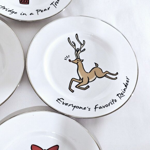 Holiday Snack Dessert Plates 7.5" reindeer partridge wreath bells 6pc Christmas - Picture 6 of 12